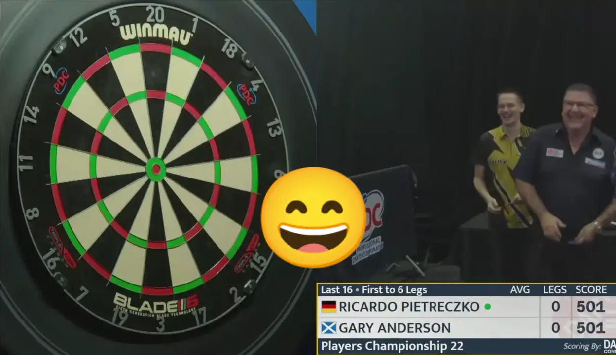 Beelden komisch moment tussen Gary Anderson en weekend-winnaar Ricardo Pietreczko