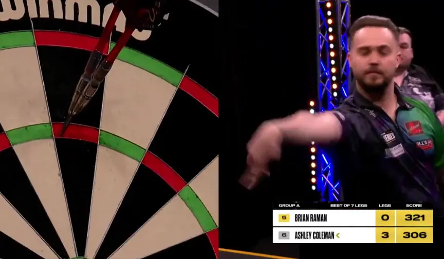 Beelden van Brian Raman die na 6 pijlen op 141 staat met twee 'blind 180's' op rij