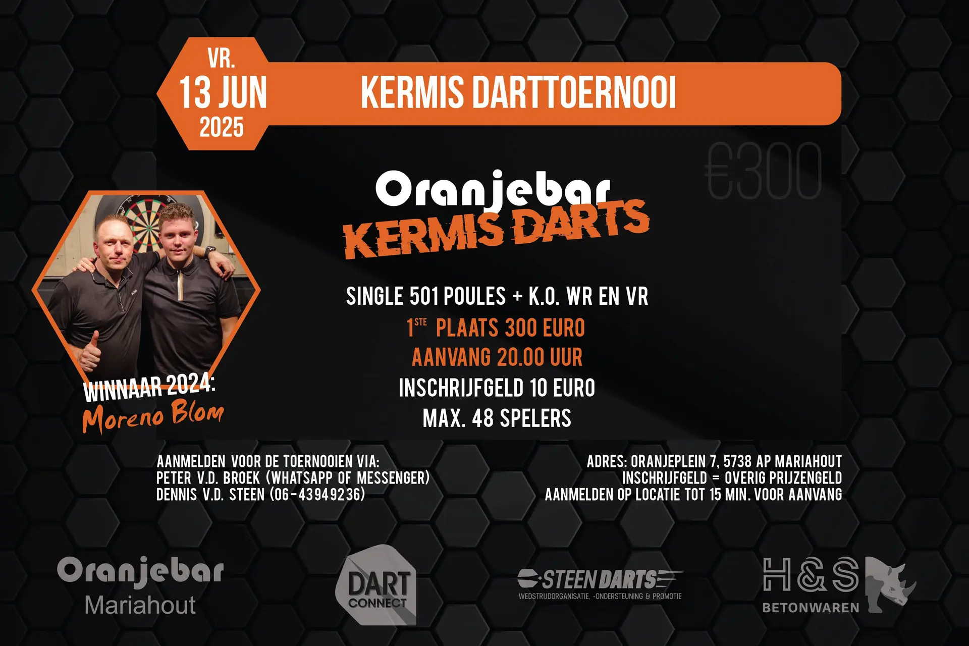 Versla jij Moreno Blom bij het Oranjebar Kermis Darttoernooi 2025?