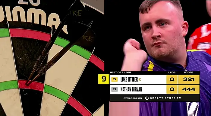 Luke Littler op weg naar een 9-darter en hij gooit de 141 maar vervolgens gebeurt er dit