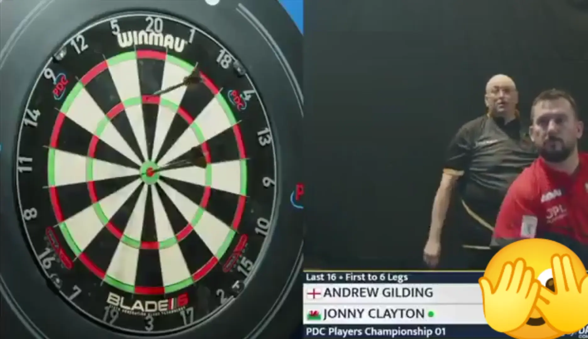 Andrew Gilding zegt dat Jonny Clayton deze finish niet kan uitgooien en toen gebeurde dit