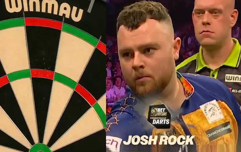 Michael van Gerwen kijkt met verbazing naar wat Josh Rock hier tegen hem flikt