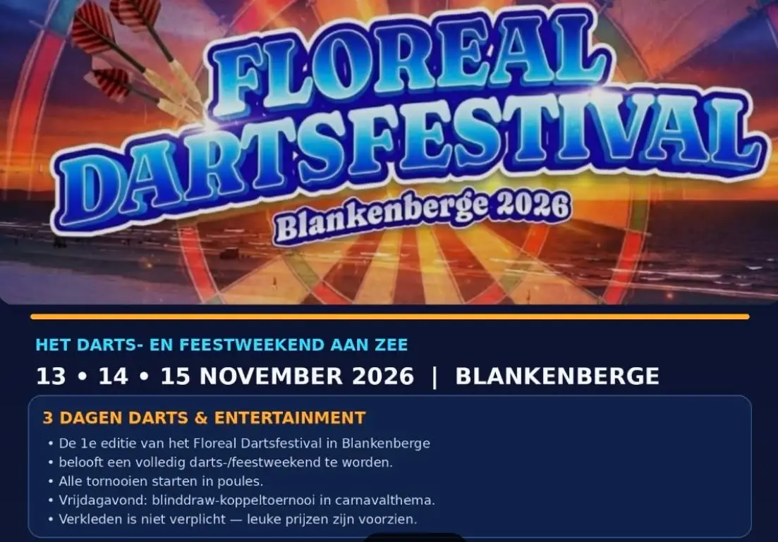 Dit is het thema voor de 1e editie plaats van het Floreal Dartsfestival in Blankenberge