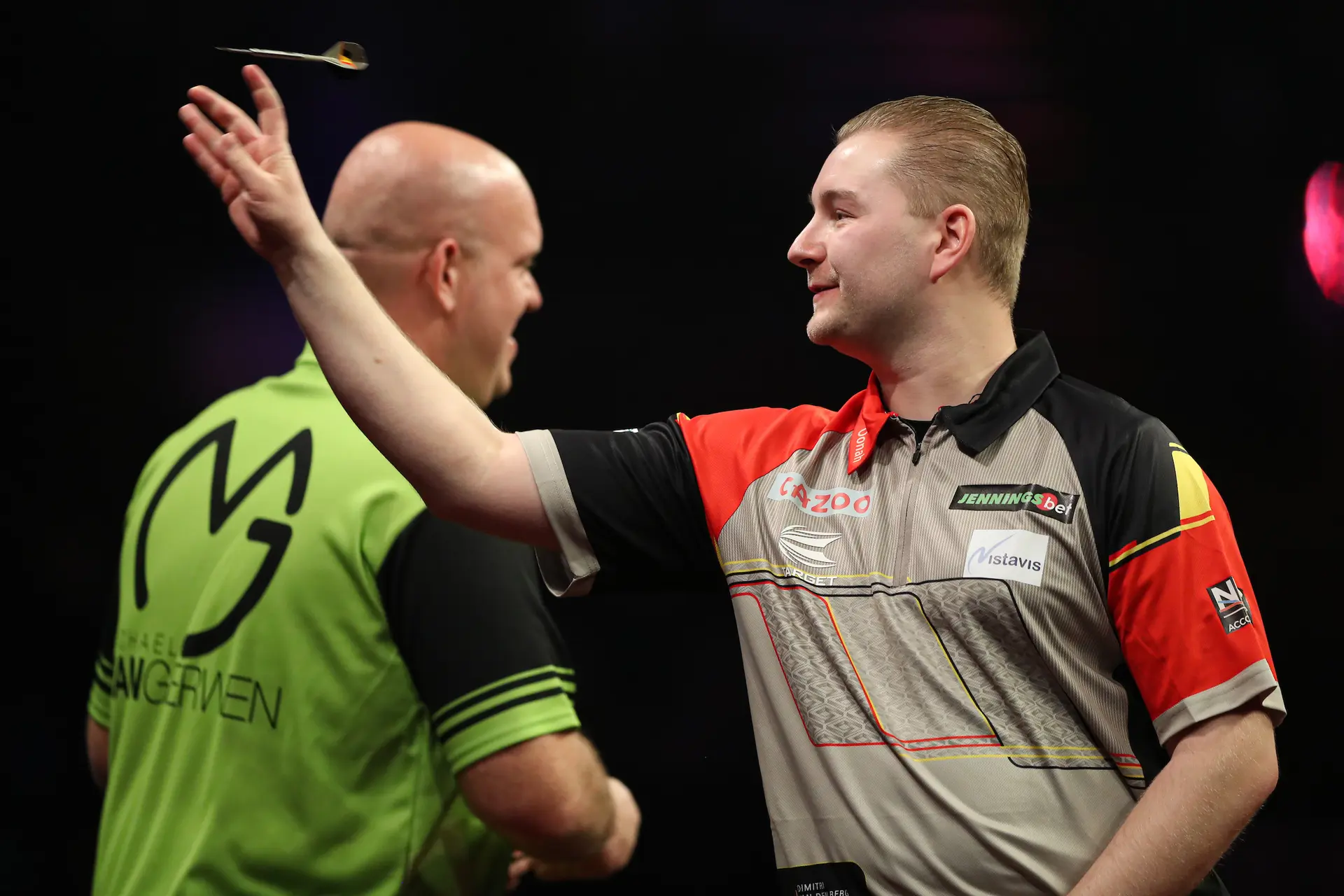 Michael van Gerwen jokes with Dimitri van den Bergh at Belgian Darts Gala: ''Never won against me and not going to happen today''