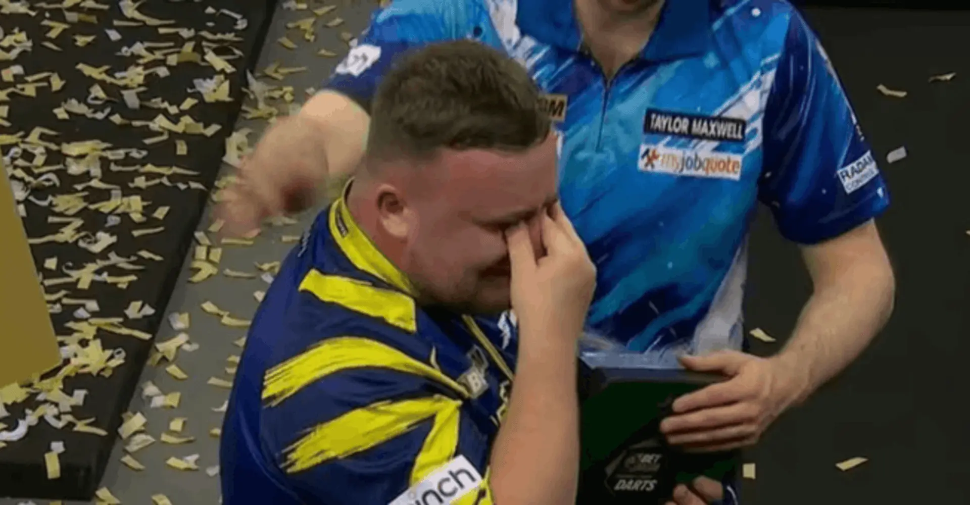 Luke Littler consoled by Luke Humphries after breaking down in tears during his post-match interview