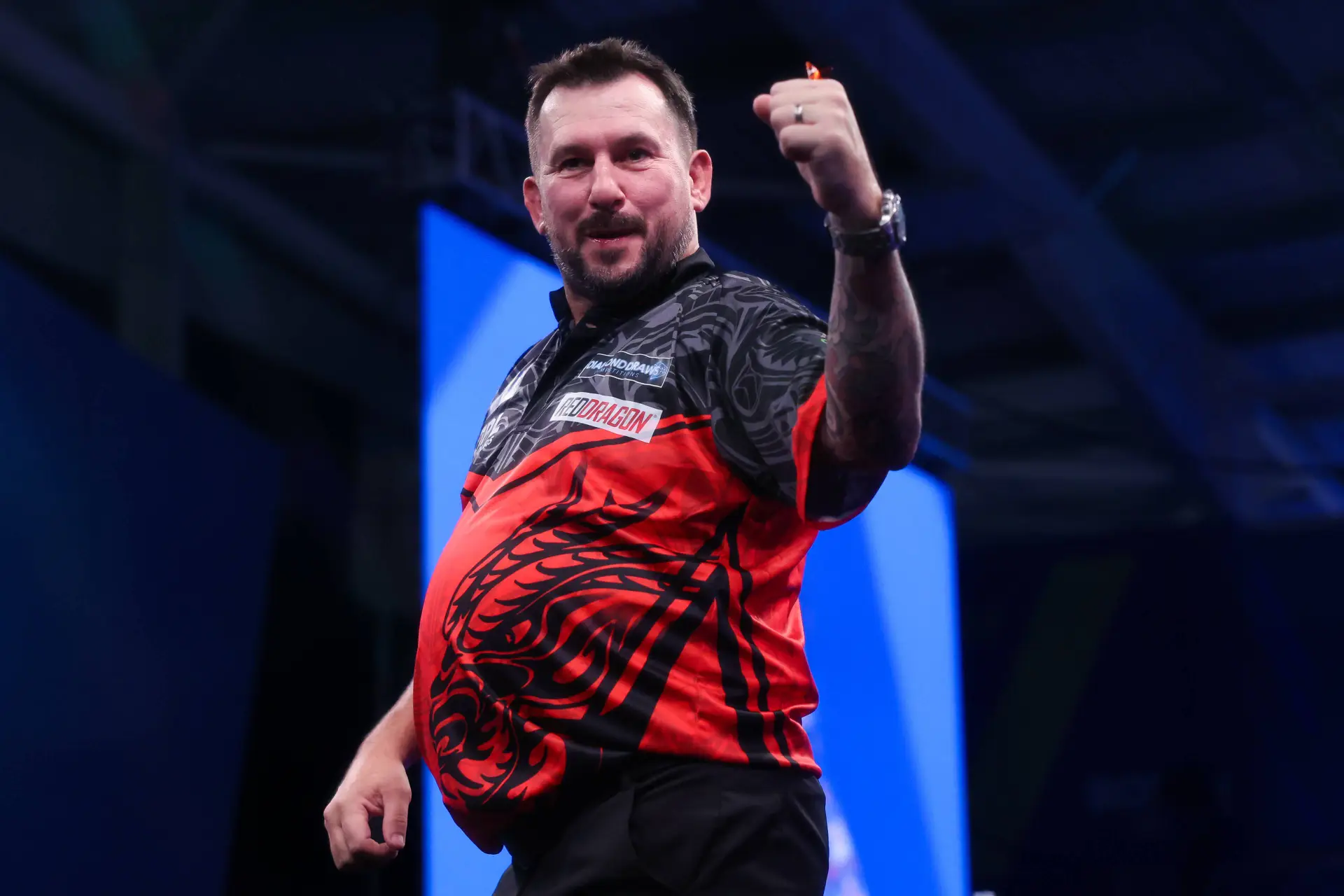 Jonny Clayton celebrates at the 2026 World Grand Prix
