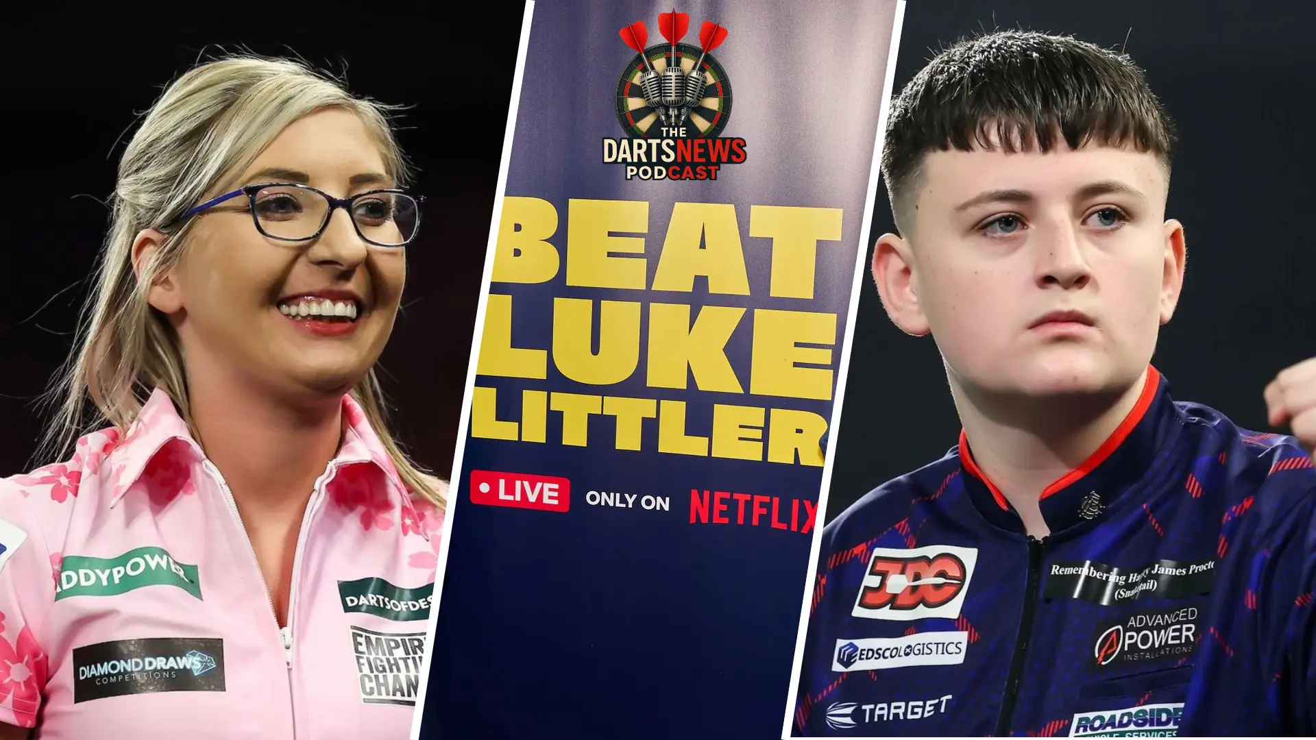Fallon Sherrock, Mitchell Lawrie, Beat Luke Littler DartsNews Podcast collage