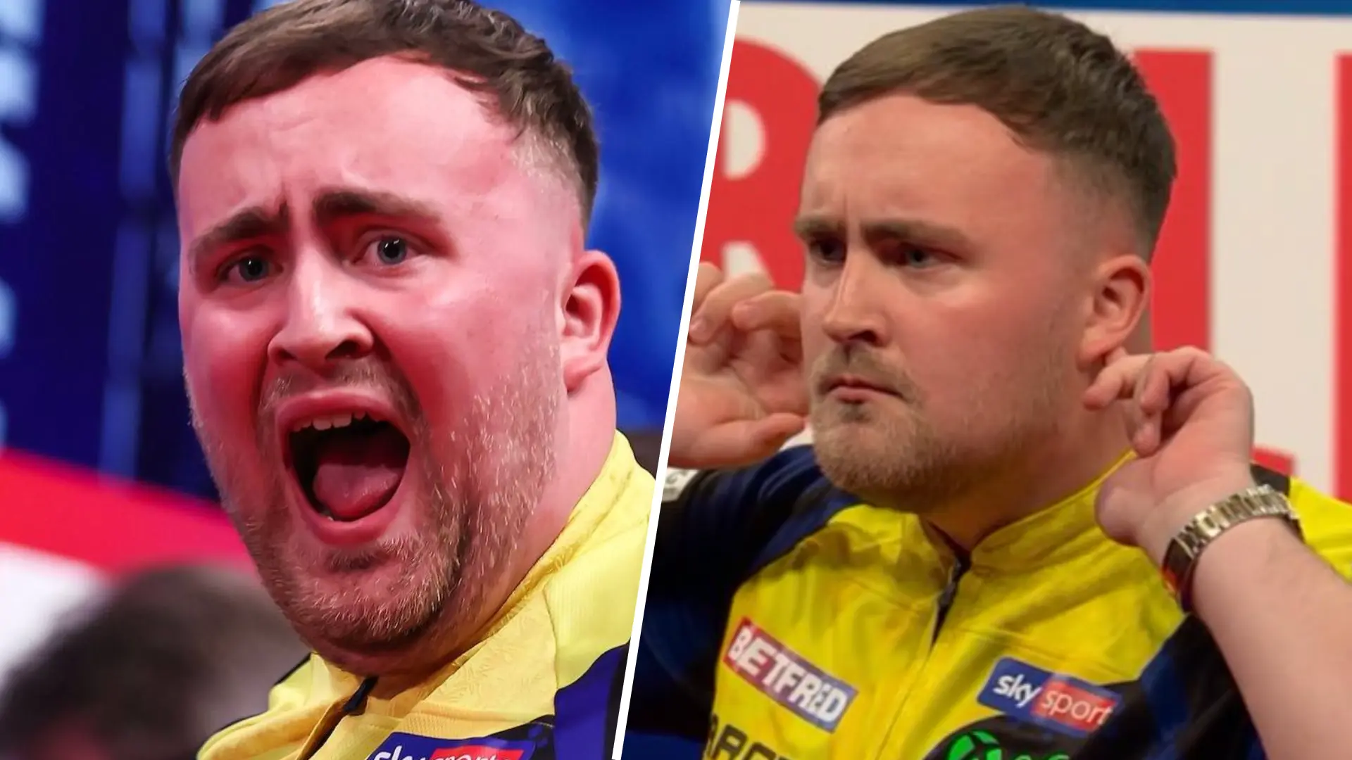Wauw: Luke Littler gooit negendarter in eerste leg van zijn World Matchplay-duel met Nathan Aspinall, waarna hij dubbel 15 mist voor tweede perfecte leg