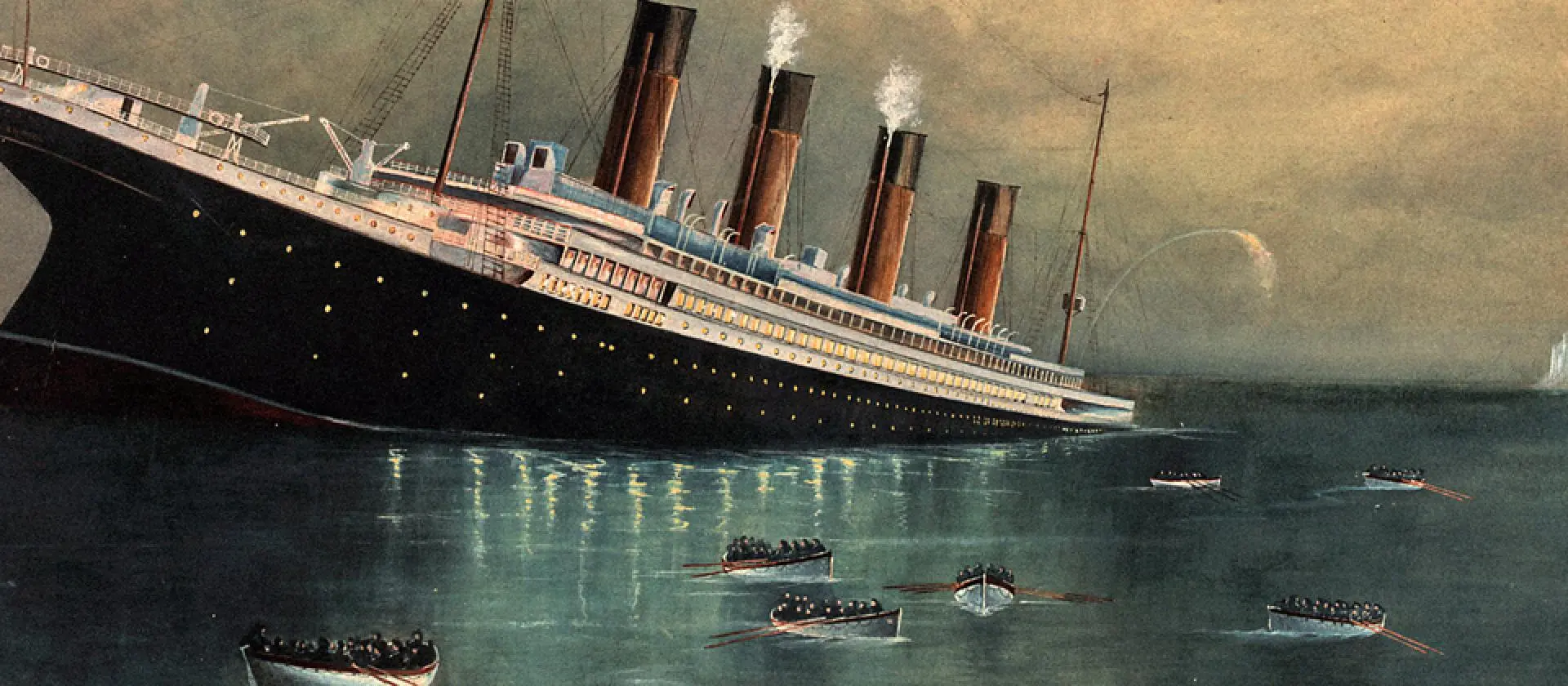 atlantic liner titanic br 1912 sinking bow first 1912 with eight full lifeboats nearby and an iceberg in the distance banner