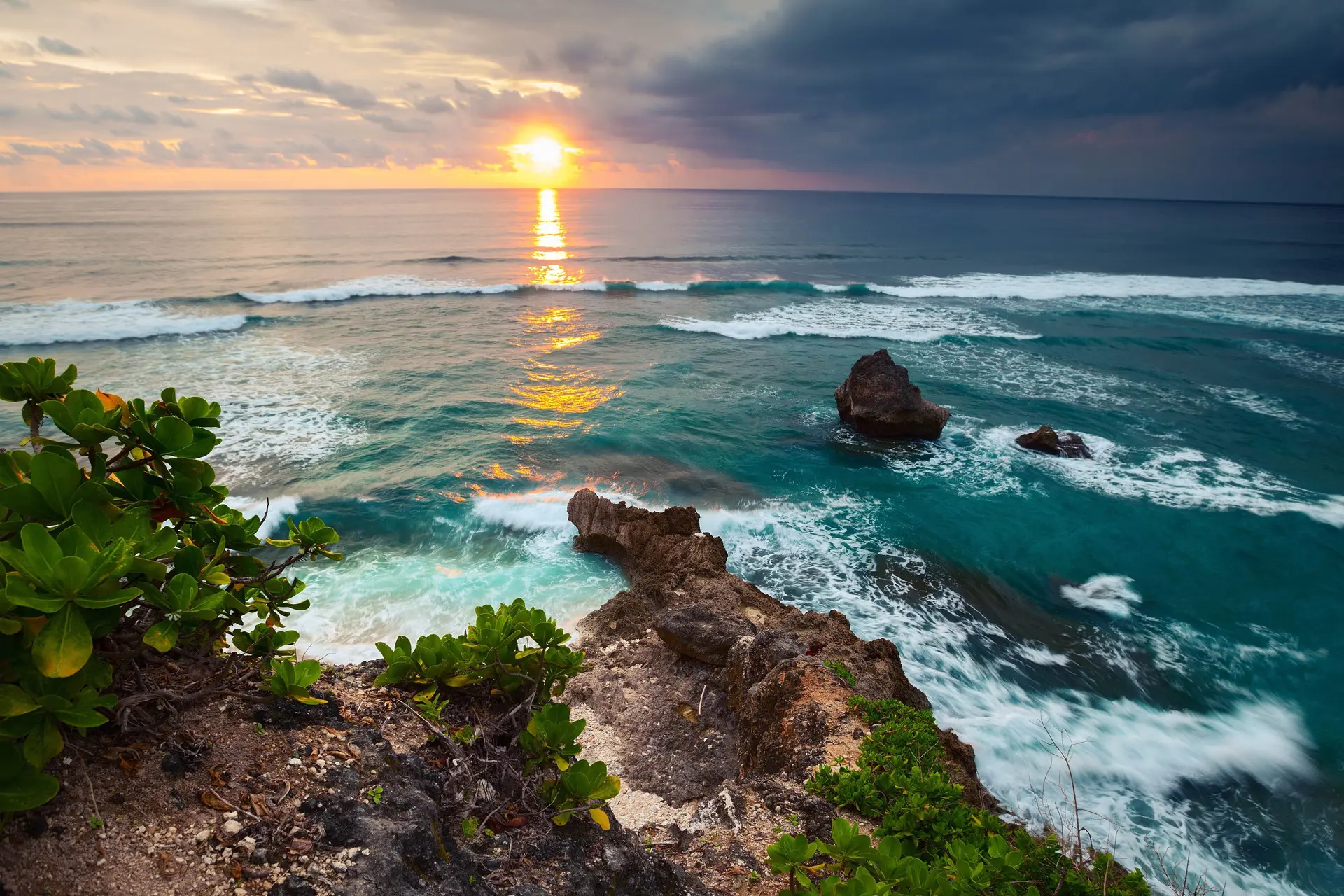 indonesia bali island tropical nature scenery sea waves sunset 4k wallpaper