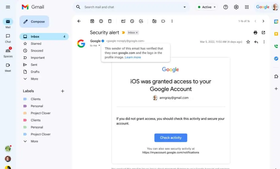 google gmail blue checkmark