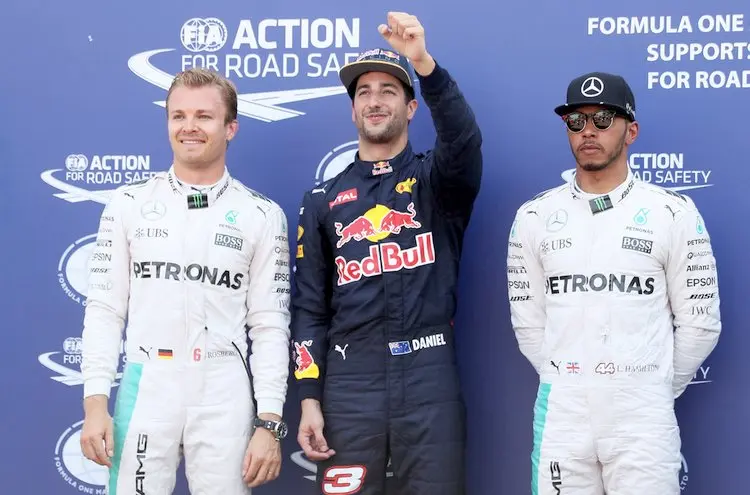 top three qualifiers daniel ricciardo of australia and red bull racing nico rosberg of germany and mercedes gp and lewis hamilton