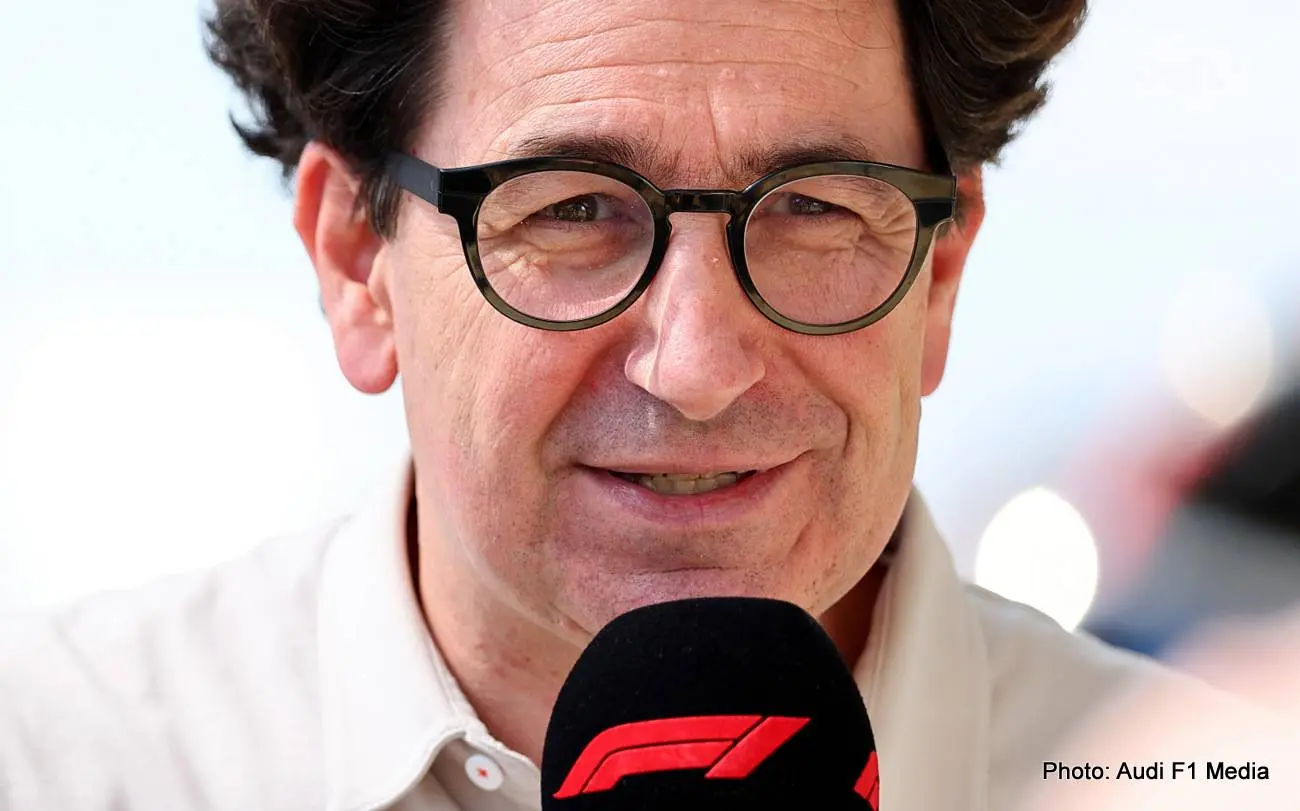SUZUKA, JAPAN - MARCH 27: Mattia Binotto, COO and CTO of Audi F1 Team is interviewed during practice ahead of the F1 Grand Prix of Japan at Suzuka Circuit on March 27, 2026 in Suzuka, Japan. (Photo by Andy Hone/LAT Images)