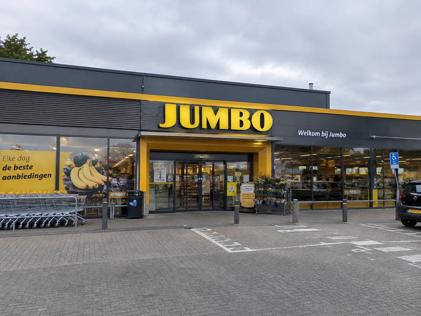 Jumbo Supermarket Entrance on a Cloudy Day