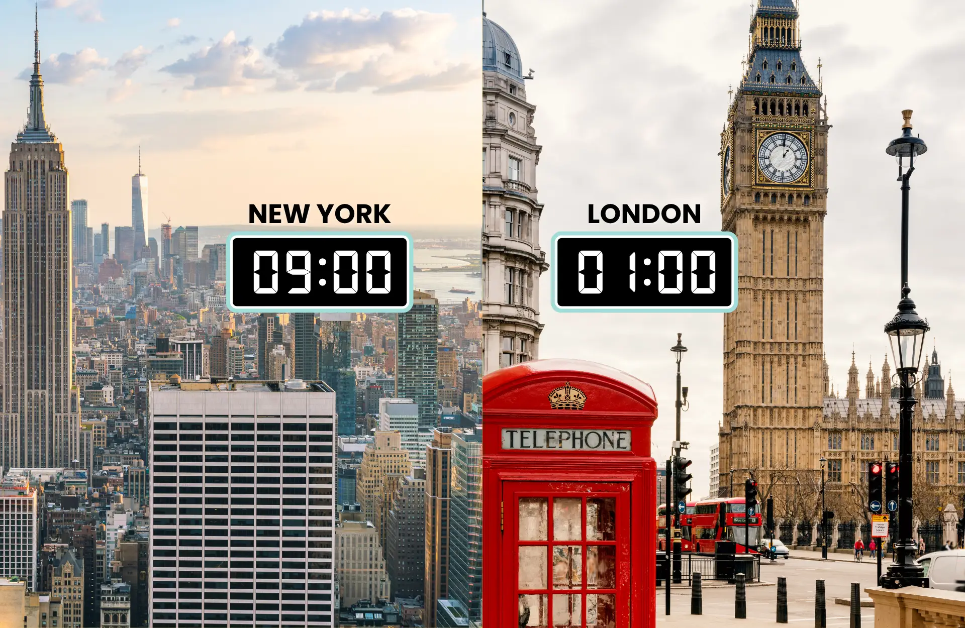 split-screen cA composite image comparing New York and London with digital clocks showing 9:00 and 1:00 respectively.