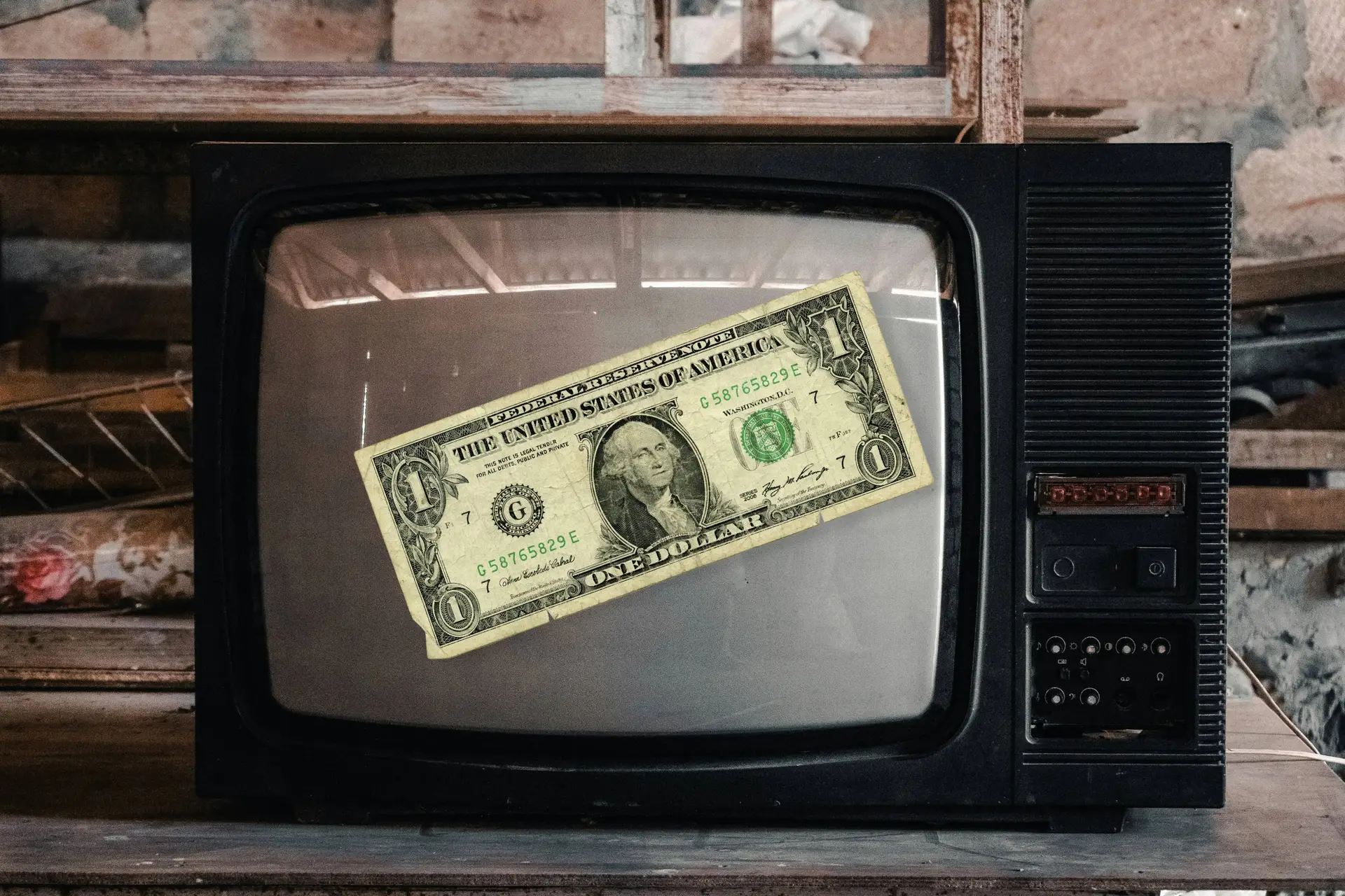 A vintage black CRT television sitting on a wooden surface, with a one-dollar bill superimposed diagonally across the center of its blank screen.