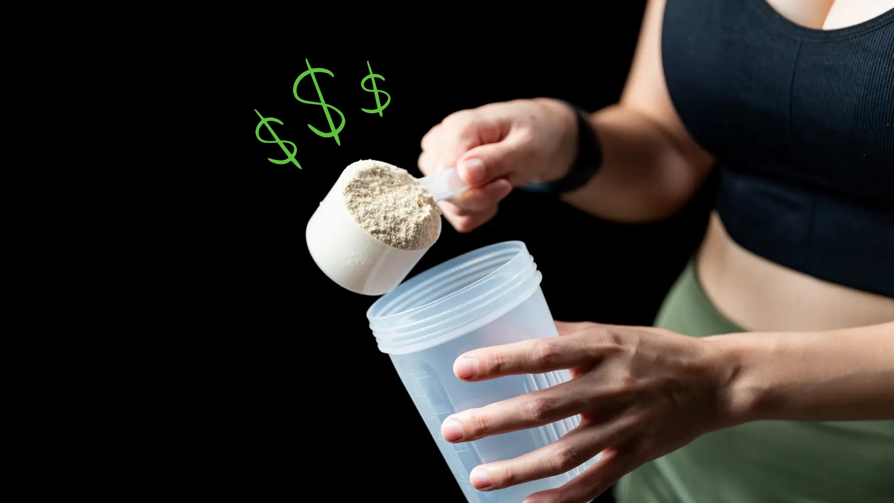 A person scooping protein powder into a shaker bottle with green dollar signs floating above the scoop.