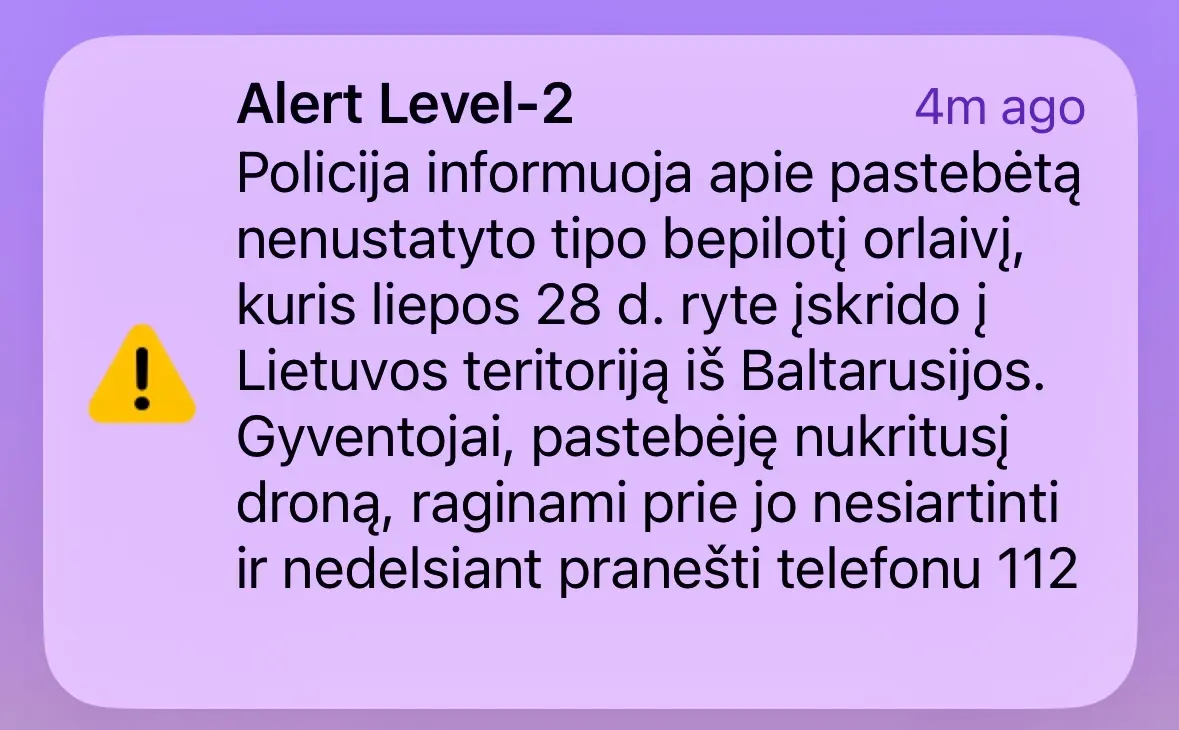 Įspėjamasis pranešimas: į Lietuvą įskrido nenustatyto tipo bepilotis orlaivis