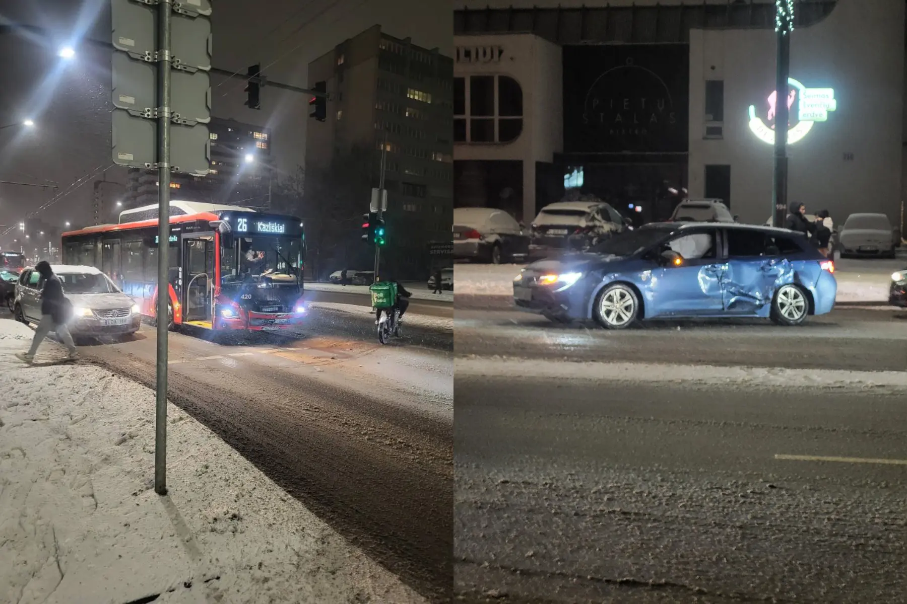 Iškritęs sniegas apsunkino eismą Kaune: į eismo įvykį pateko autobusas