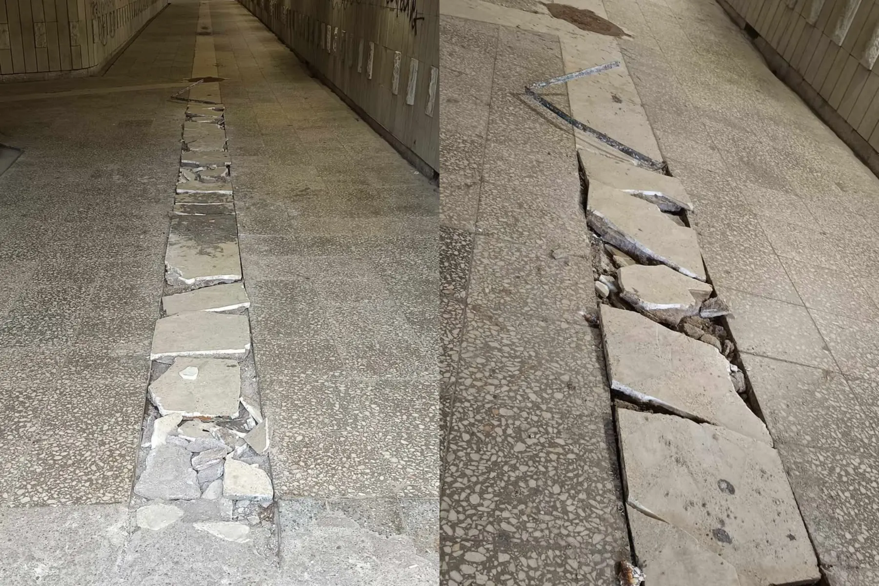 Apgadintas požeminės perėjos grindinys