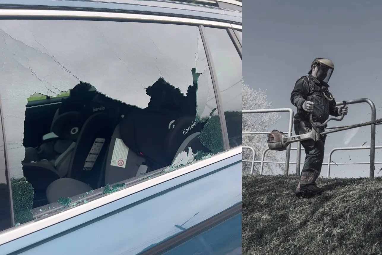 Trimeriais pjaunant žolę pažeistas automobilio stiklas / Skaitytojo, „Kauno Švaros“ nuotr.