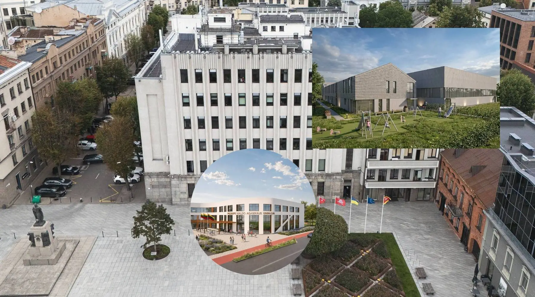 Prezidento Valdo Adamkaus gimnazijos pastato modernizacijos ir  Vaišvydavos mokyklos ir darželio statybų vizualizacijos / „Kas vyksta Kaune“ fotomontažas