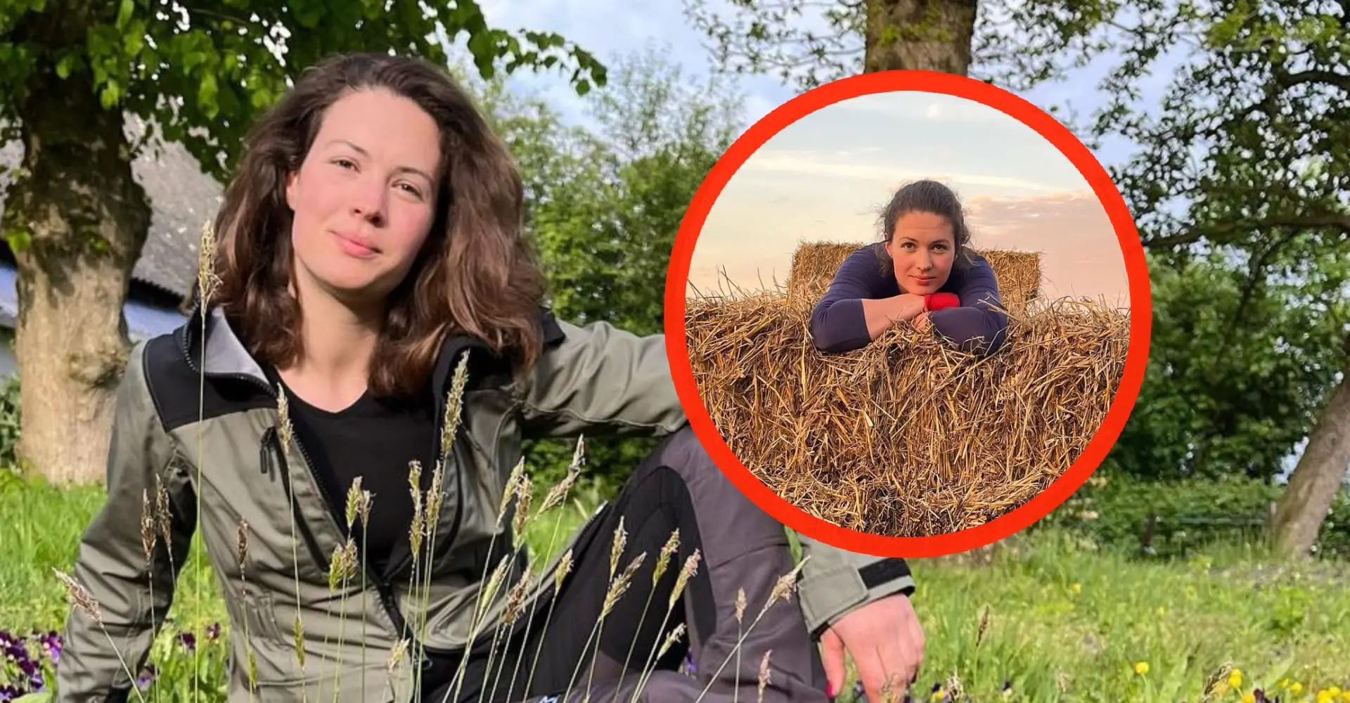 Foto: Verleidelijk kijkende boerin Annemiek Koekoek rolt door het stro