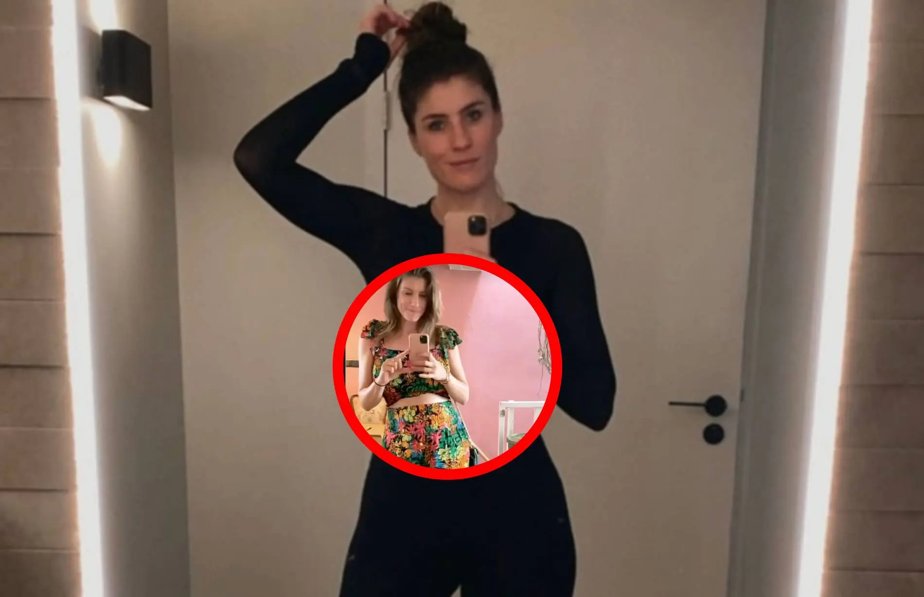 Foto: Luchtig geklede Marieke Elsinga beweegt heupen in spiegel