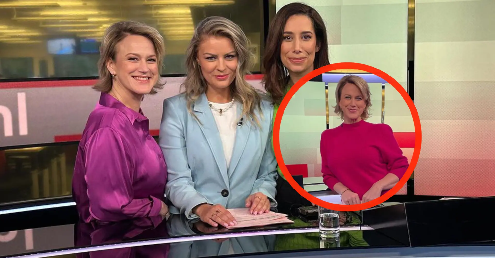 NOS Journaal-trio Iris de Graaf, Saïda Maggé en Afke Boven kruipen dicht tegen elkaar in de studio