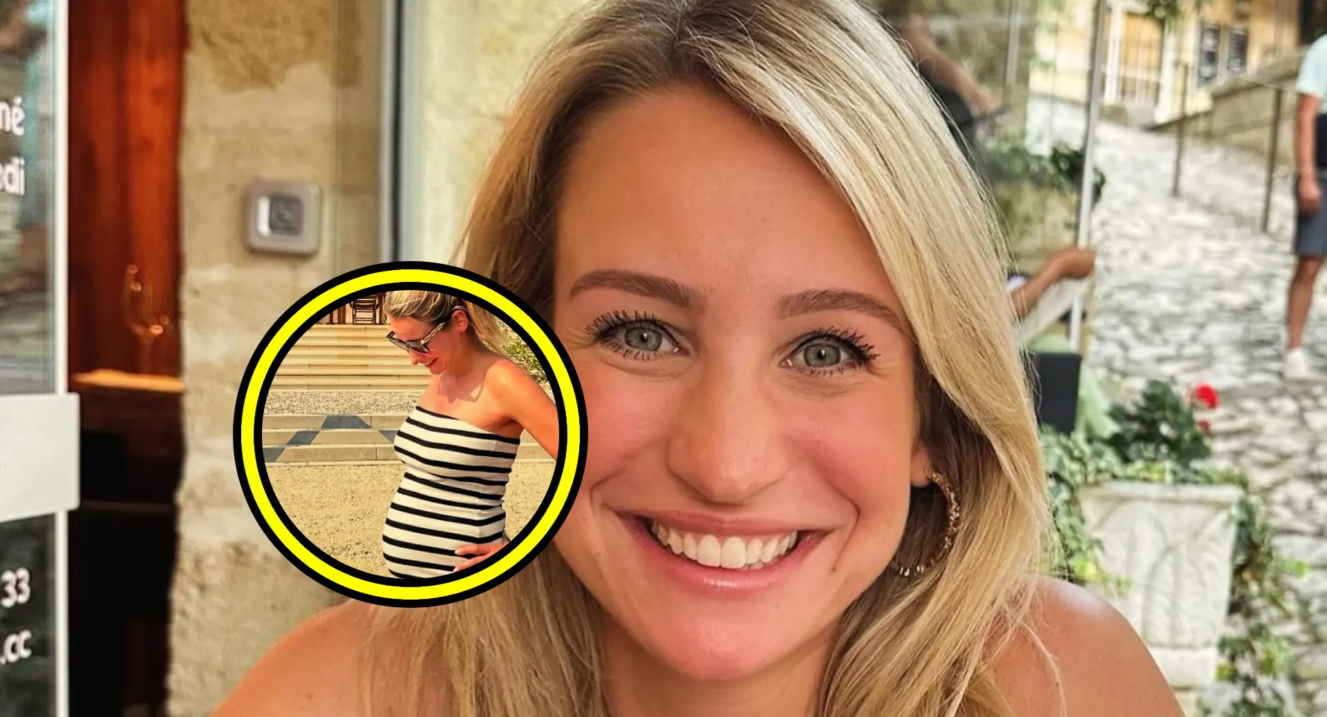 stralende dionne stax knalt aan alle kanten uit haar zomerjurkje tijdens romantisch tripje fotos