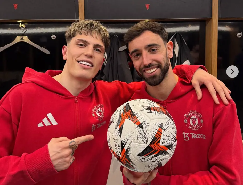 Man Utd star writes cheeky message to Bruno Fernandes on hat-trick ball