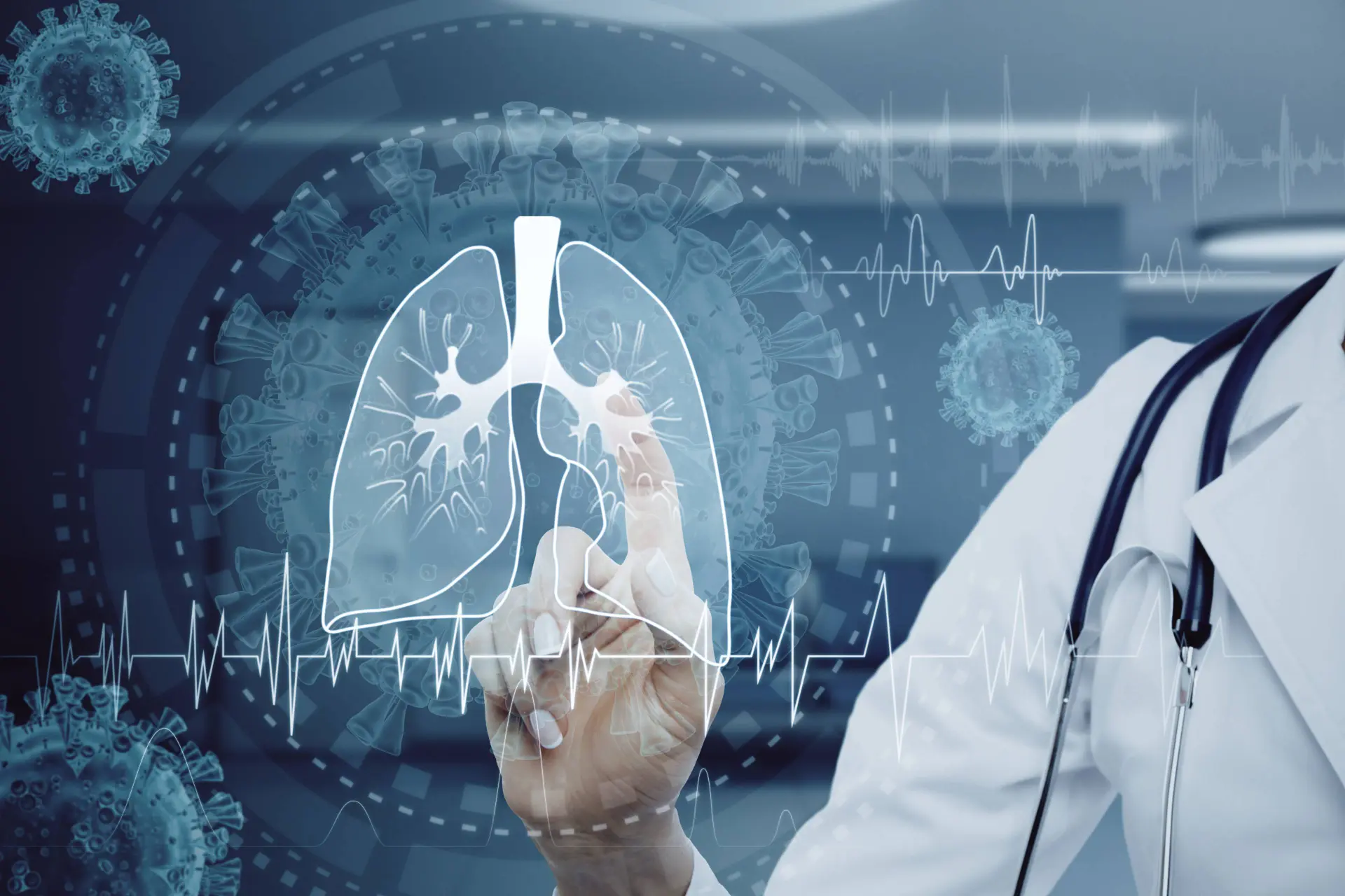 doctor pointing to computer generated image of lung