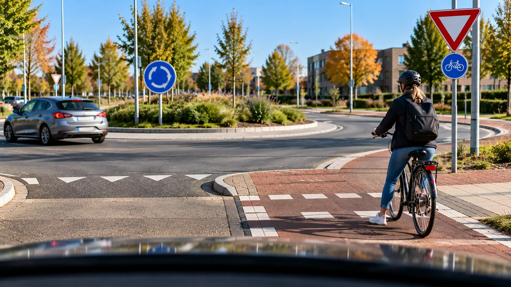 Autumn Roundabout Cyclist Crossing