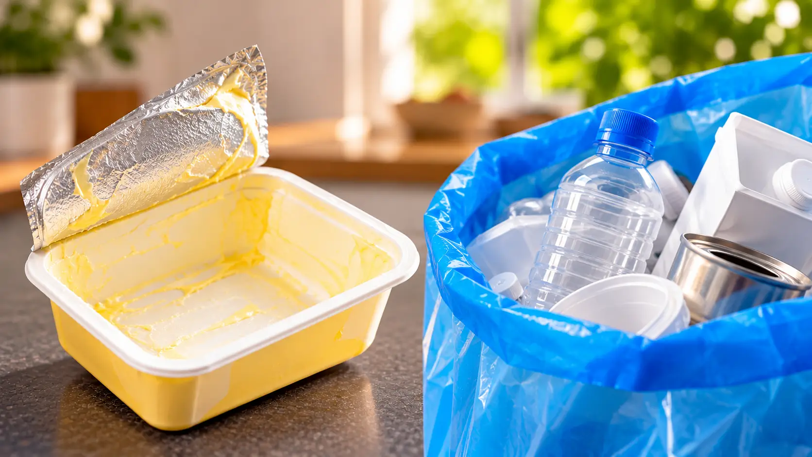 Butter Tub and Blue Recycling Bag