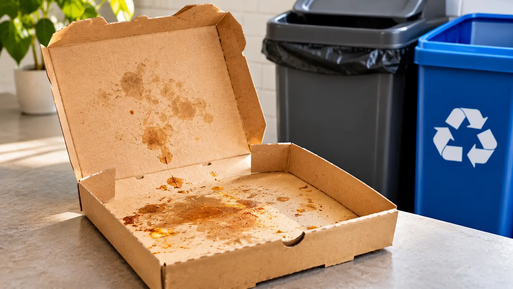 Empty Pizza Box Beside Recycling Bins