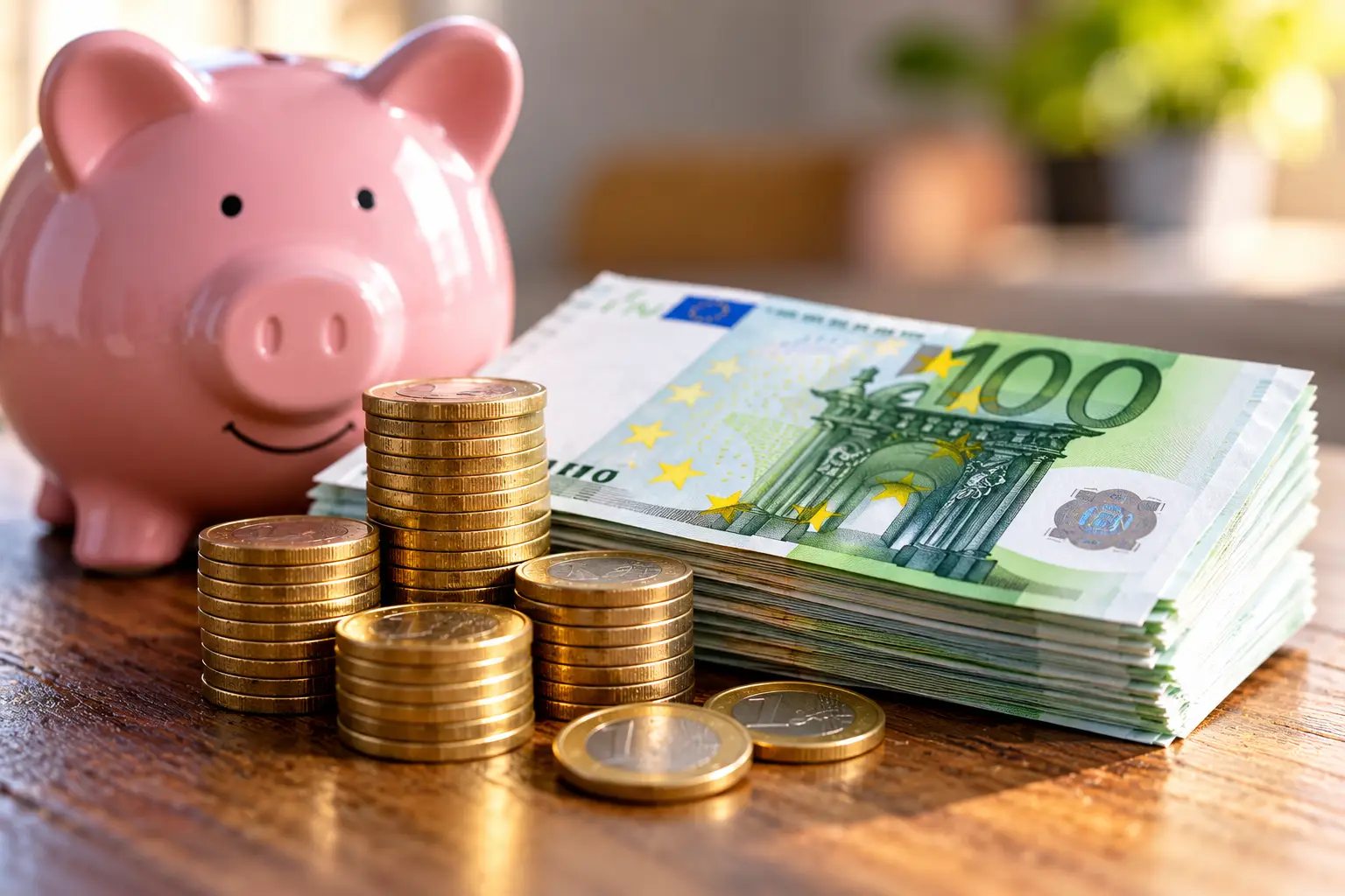Piggy Bank, Euro Coins, and Cash