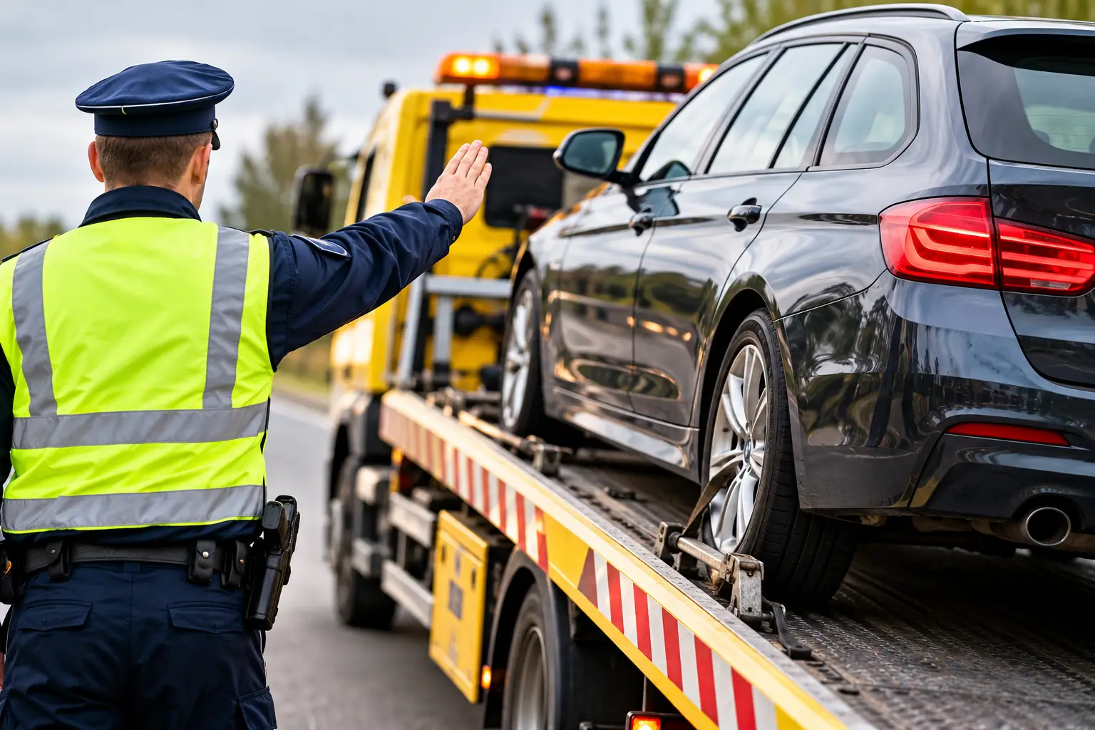 Police Officer Directing Vehicle Tow