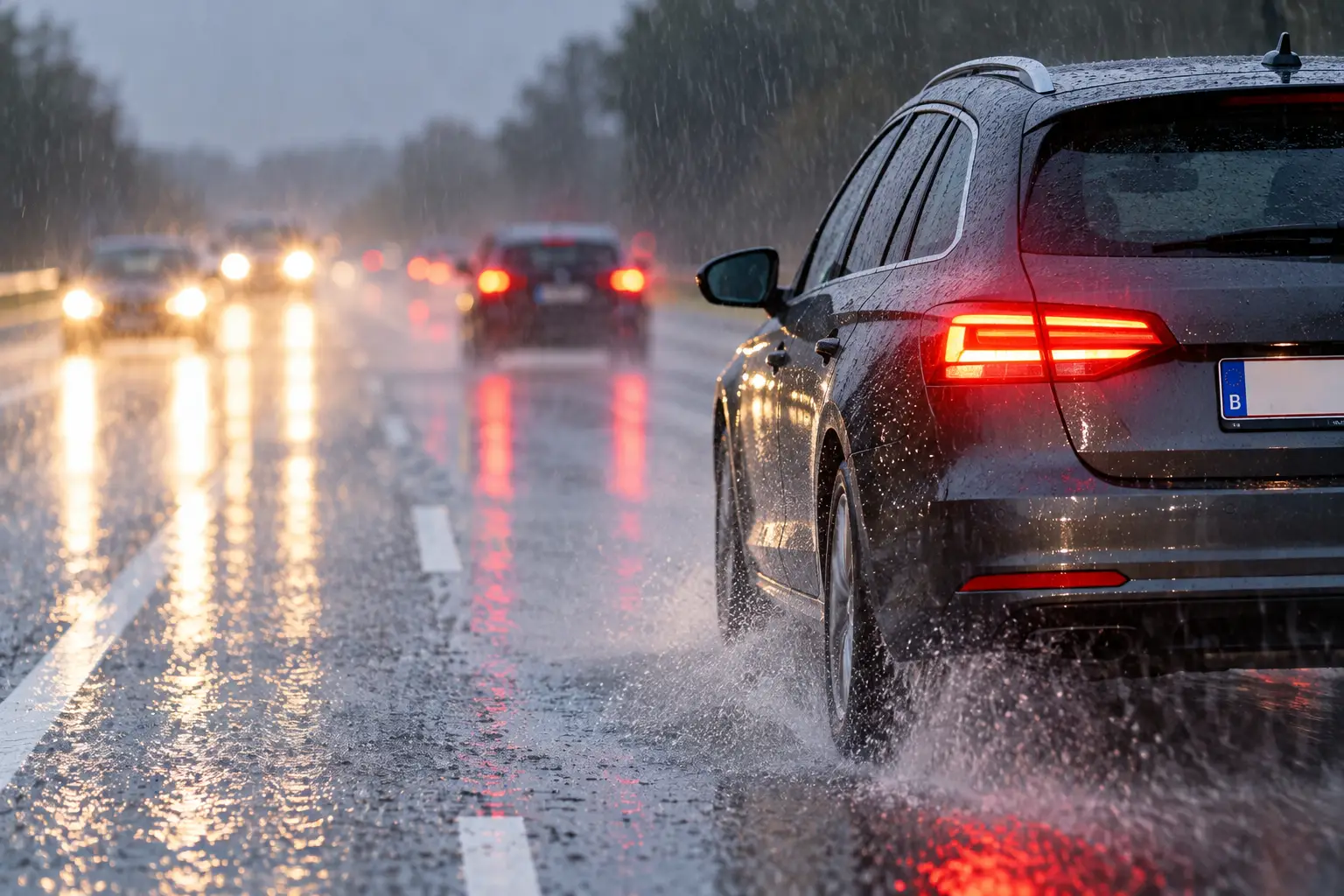 Rainy Highway Reflections at Dusk