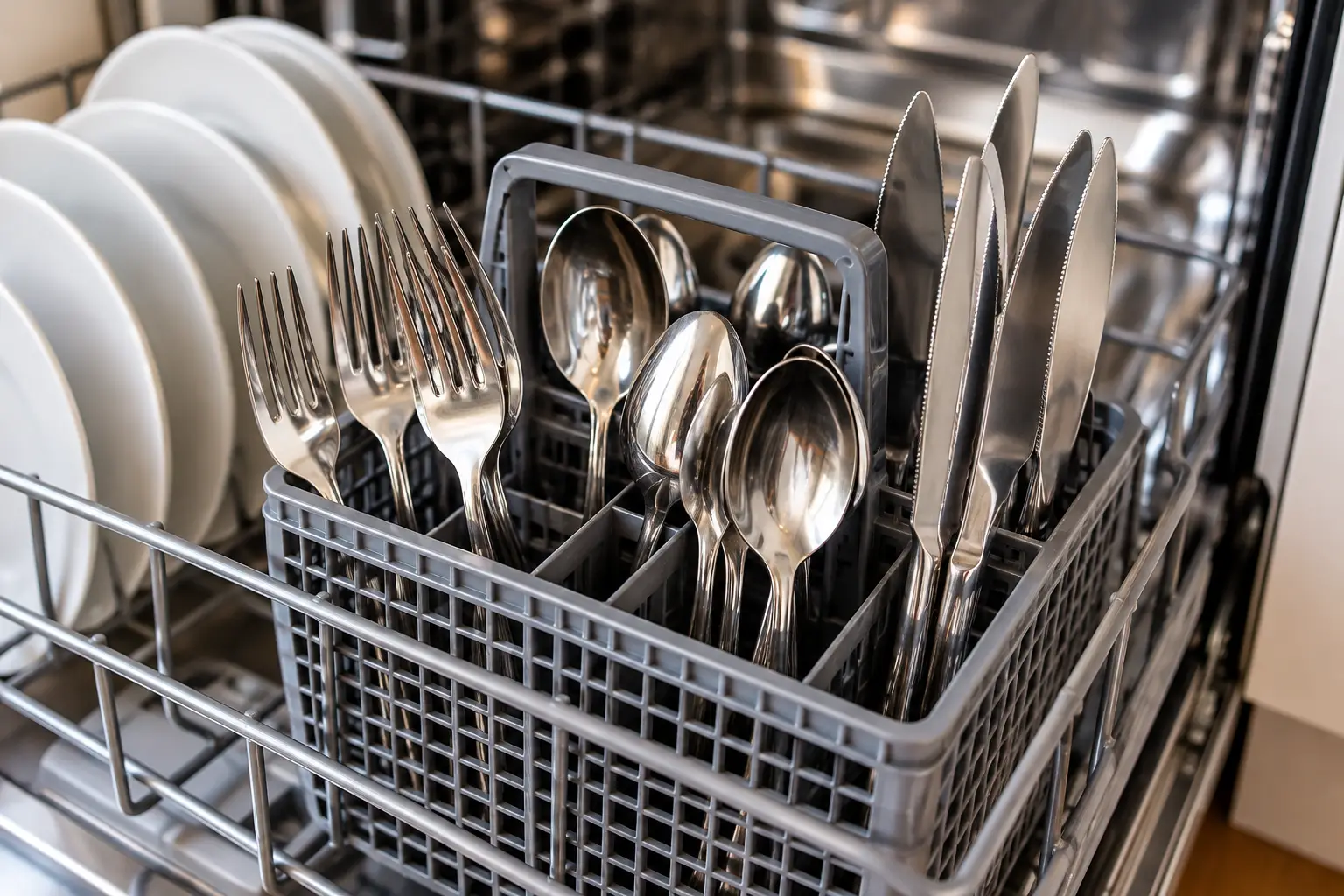 Shiny Silverware in Dishwasher Basket