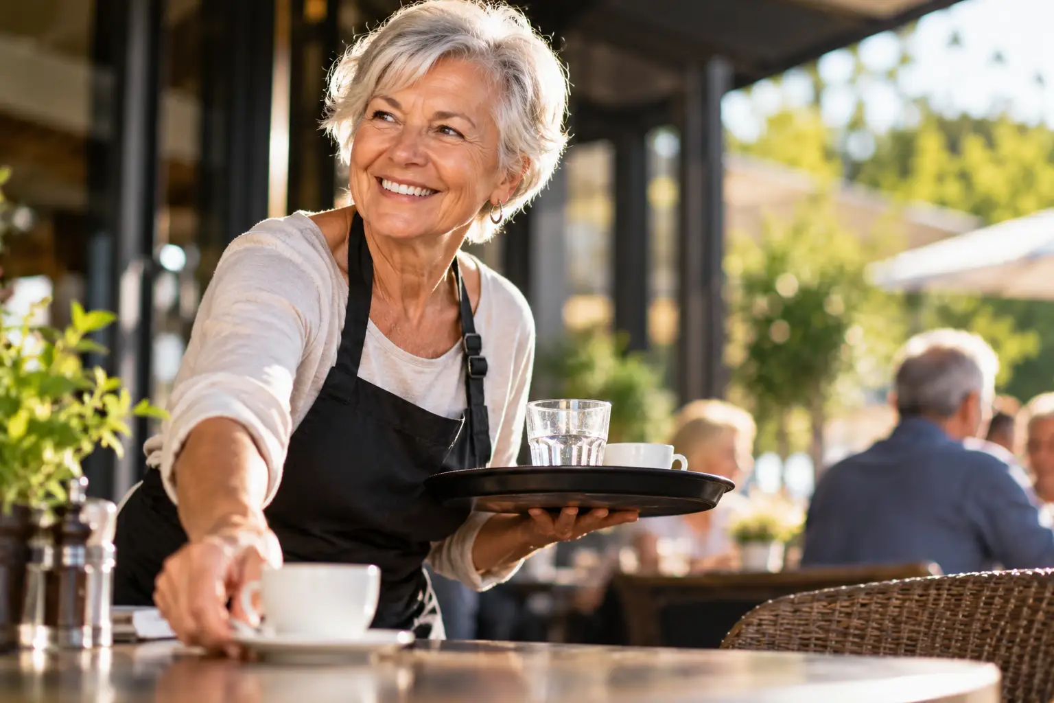 Smiling Café Server at Sunset