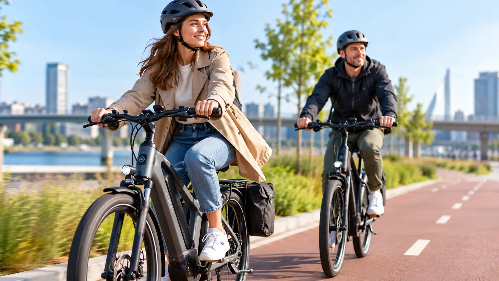 Smiling E-Bike Ride by the Waterfront
