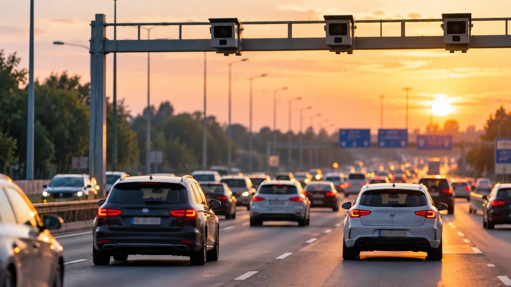 Sunset Traffic Beneath Highway Gantry