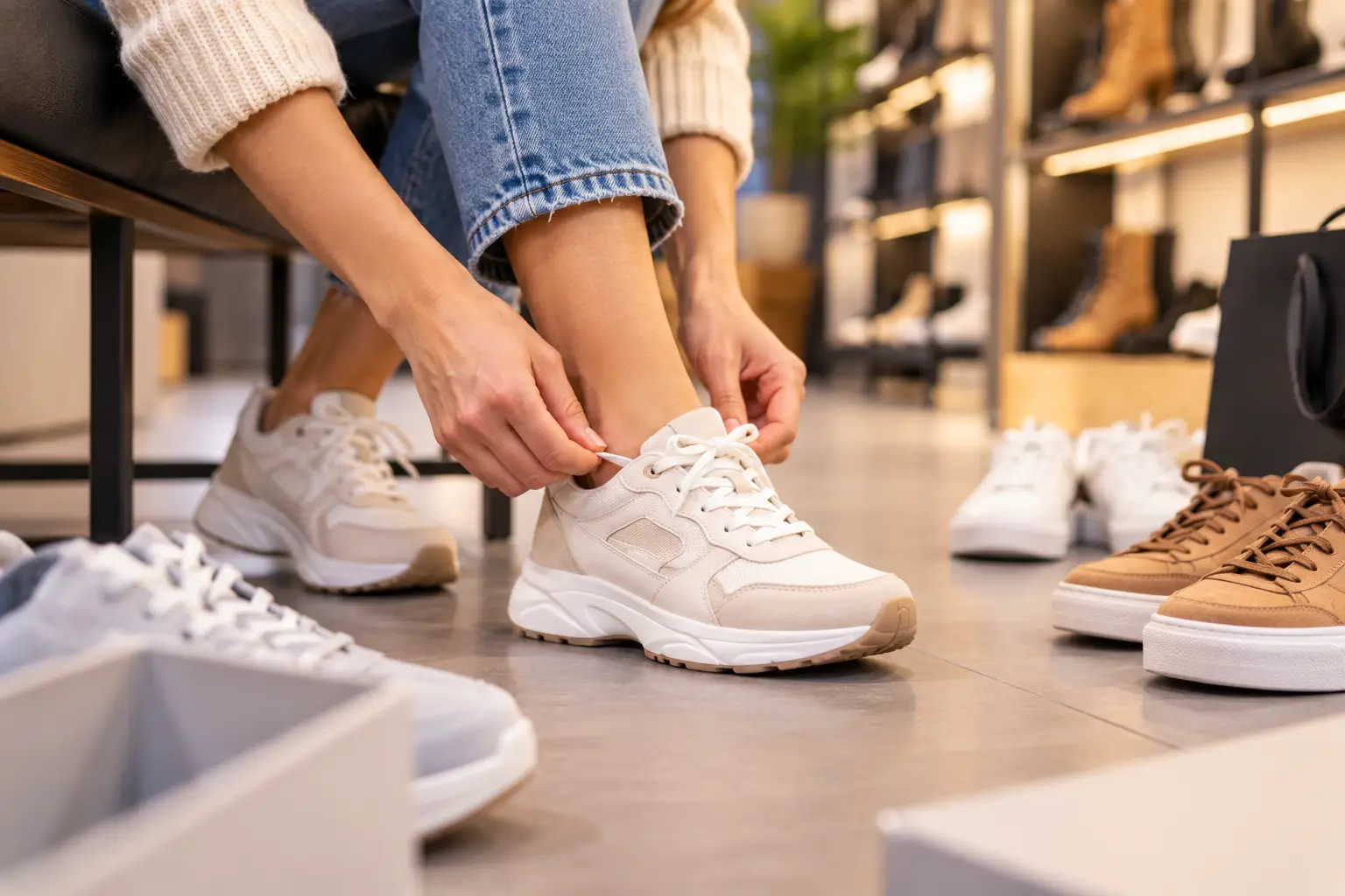 Tying Sneakers in a Cozy Shoe Boutique