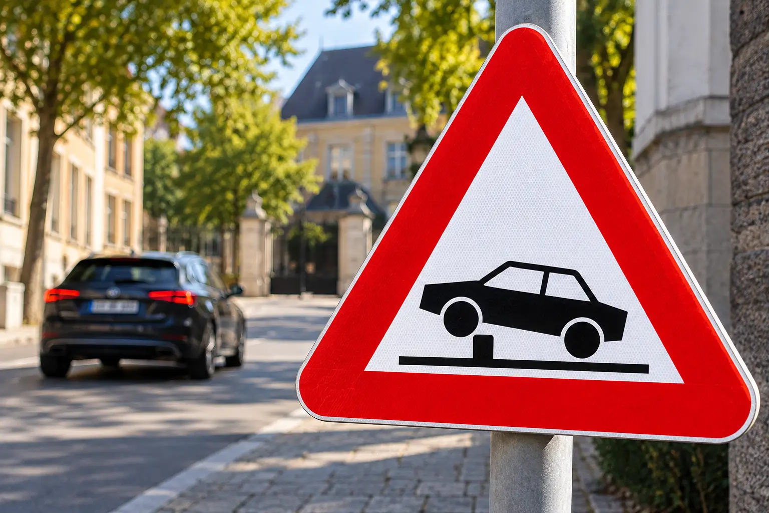 Urban Warning Sign on a Sunlit Street