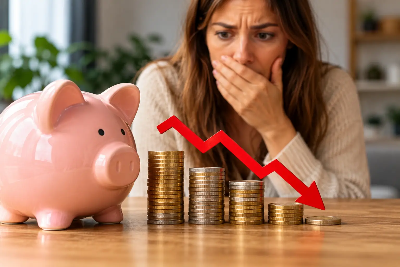 Worried Woman Watching Savings Decline