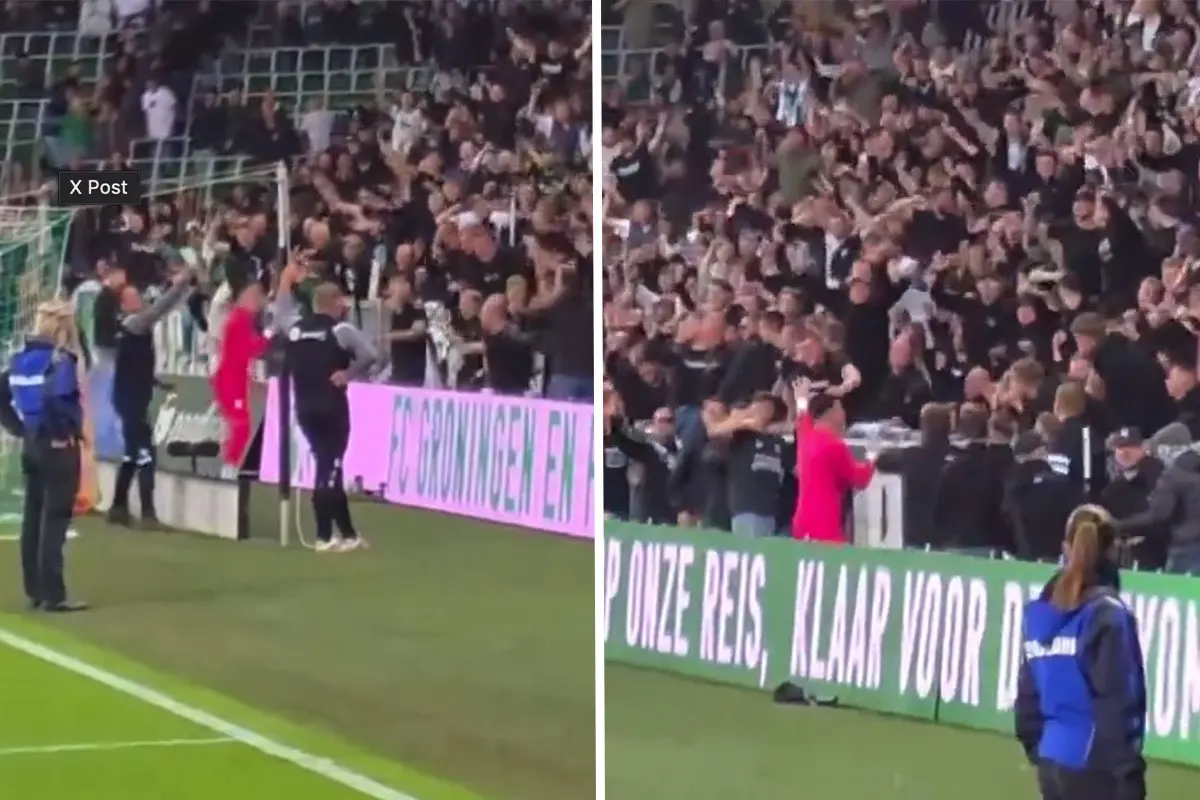 Op nieuwe beelden is te zien hoe doelman Vaessen met de FC Groningen aanhang losgaat op beledigend nummer over Ajax