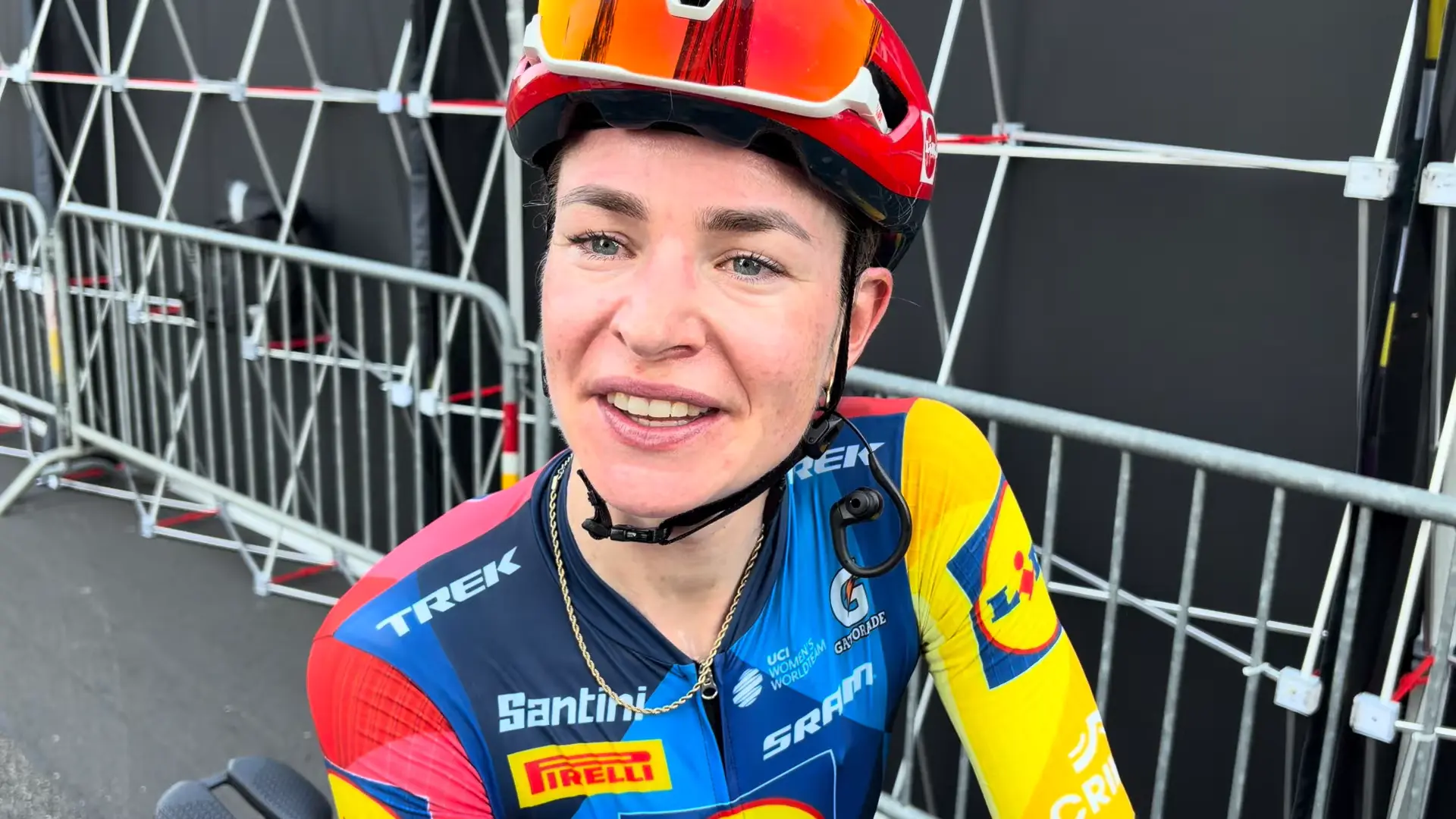 Riejanne Markus speaking to the media at the 2026 Tour de France Femmes