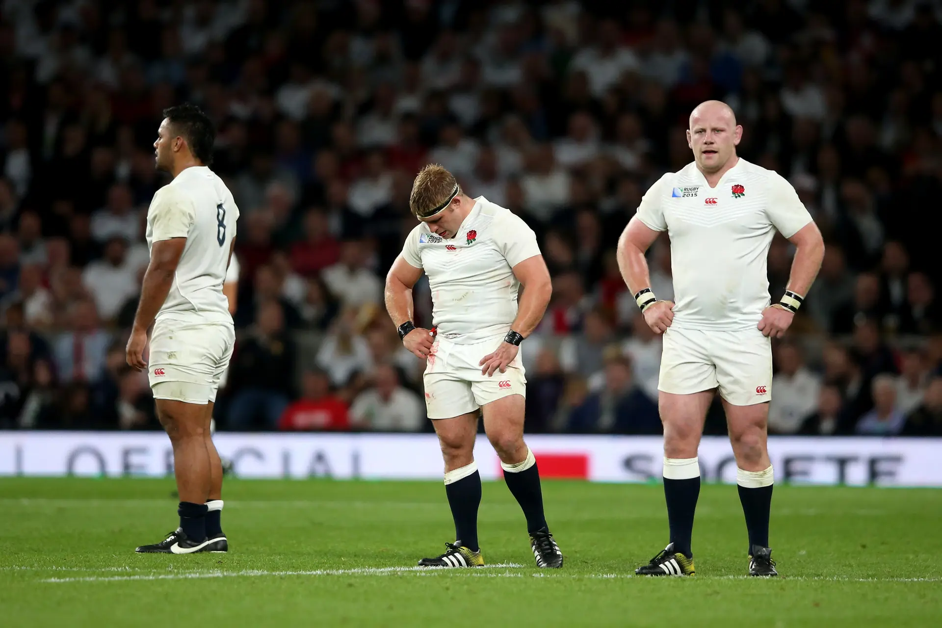 LONDON, ENGLAND - SEPTEMBER 26: (L-R) Billy Vunipola, Tom Youngs and Dan Cole of England look dejected during the 2015 Rugby World Cup Pool A match between England and Wales at Twickenham Stadium on September 26, 2015 in London, United Kingdom. (Photo by 