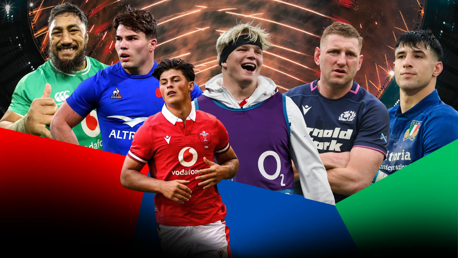 Six rugby players representing England, Ireland, France, Scotland, Wales and Italy in a 2027 Six Nations promotional montage.