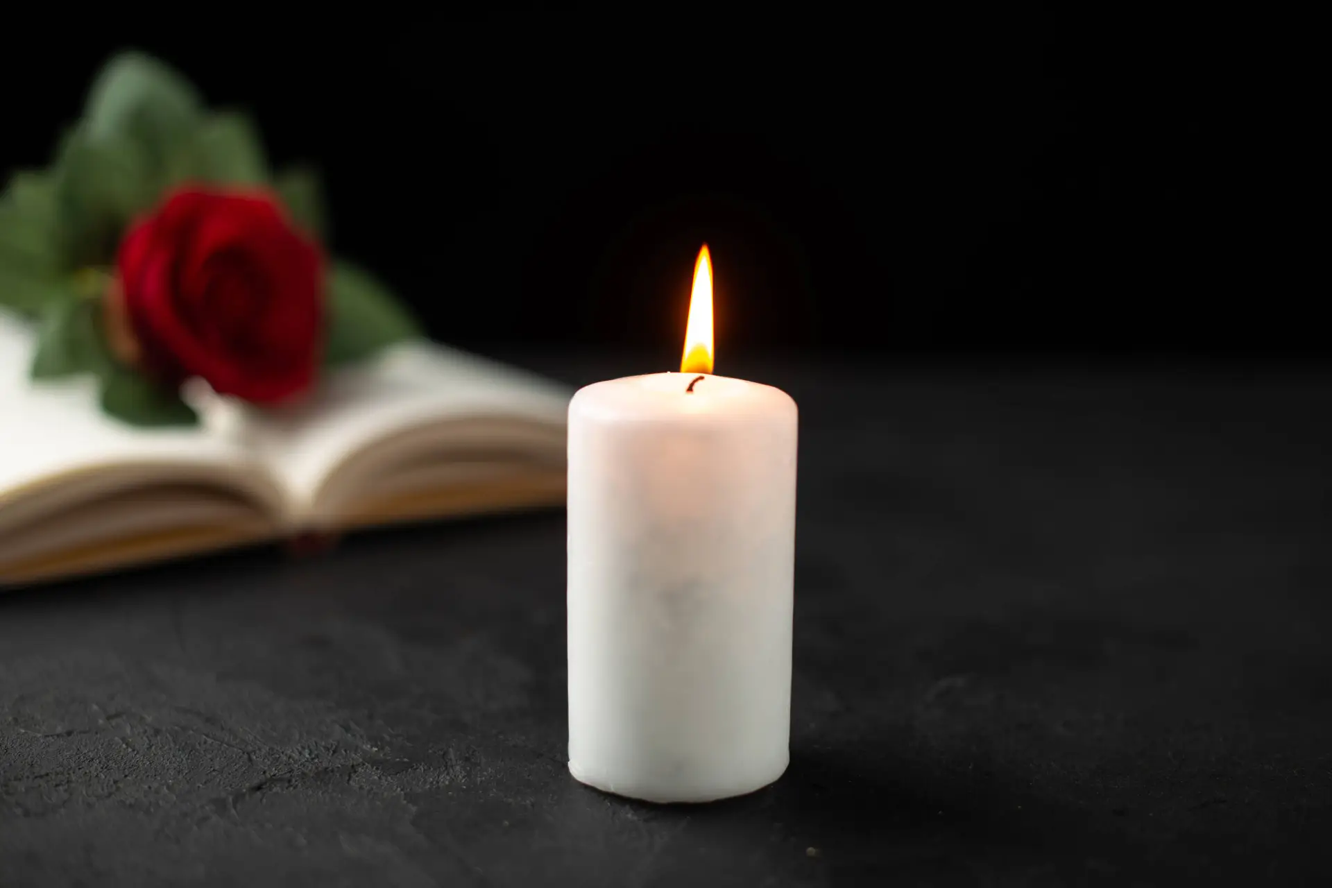 front view red rose with open book candle black